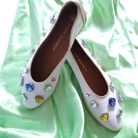 Tory Burch Crystal-Embellished Leather Flat Ballet Ivory Gold Size 9.5 - Picture 12 of 13